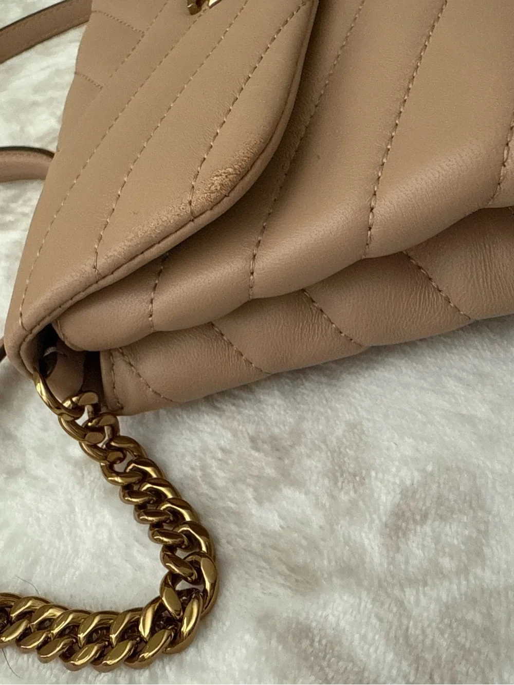 Tory Burch Kira Chevron Leather Small Crossbody Bag Nude with Gold Hardware Logo